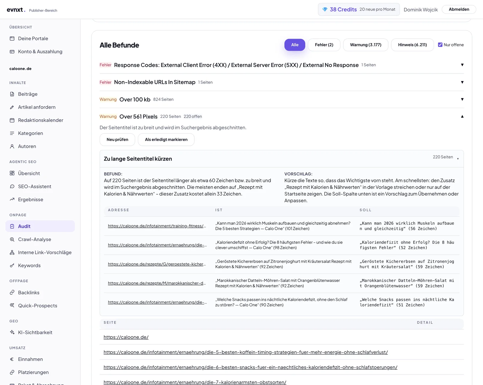 Alle Befunde: Filter nach Fehler, Warnung und Hinweis, eine aufgeklappte Gruppe mit den Knöpfen „Neu prüfen“ und „Als erledigt markieren“, darunter die Befundkarte mit Ist und Soll